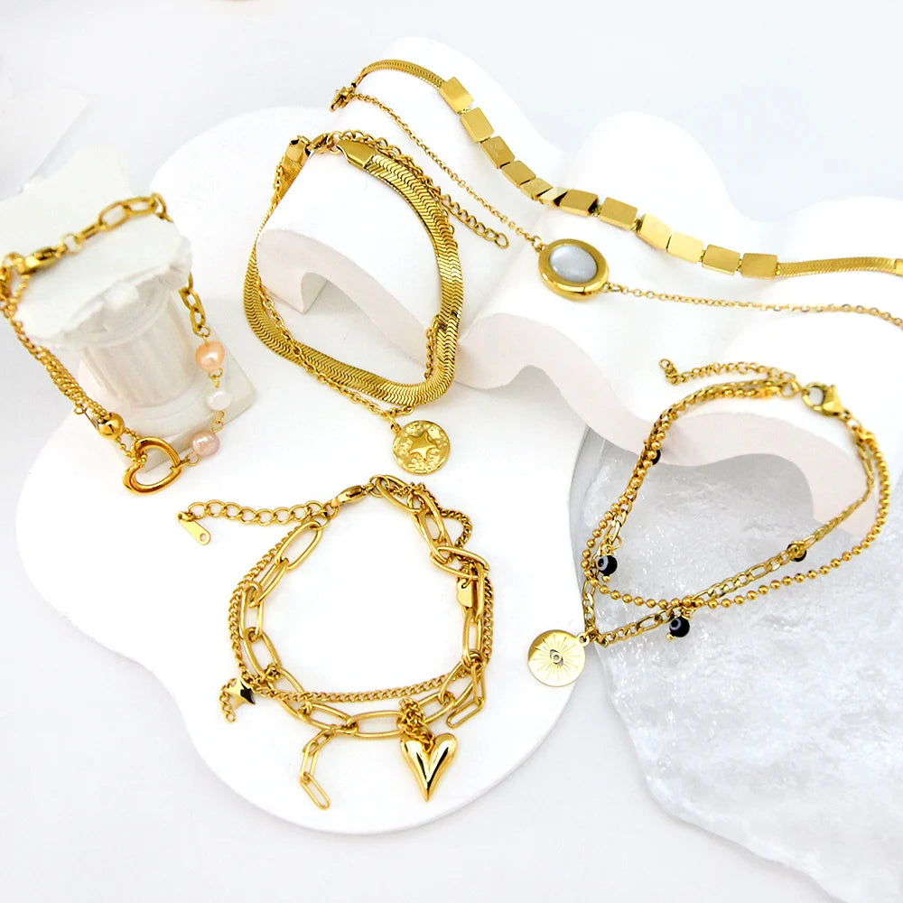 Ready Ship 18K PVD Gold Plated Double-Layer Blue Eye Pearl Stainless Steel Bracelet-Fashion Charm Bracelets for Women Direct