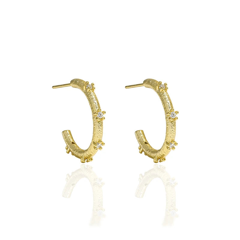 Solid Silver With Gold Plated C Shaped Earrings Metal Texture CZ Zirconia Encrusted Chunky Hoop Fine Jewelry