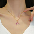Pink Zircon Flower Niche Luxury Stainless Steel Necklace and Ear Ring Set New Design Pendant With Temperament for Gift