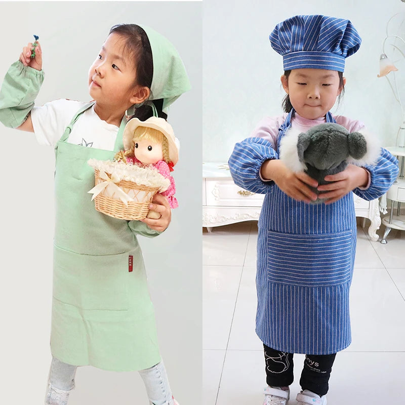 Korean Children's Adult Cotton Linen Apron Chef Hat Blue Stripe Sleeve Men's and Women's Kindergarten Performance Dress Hat