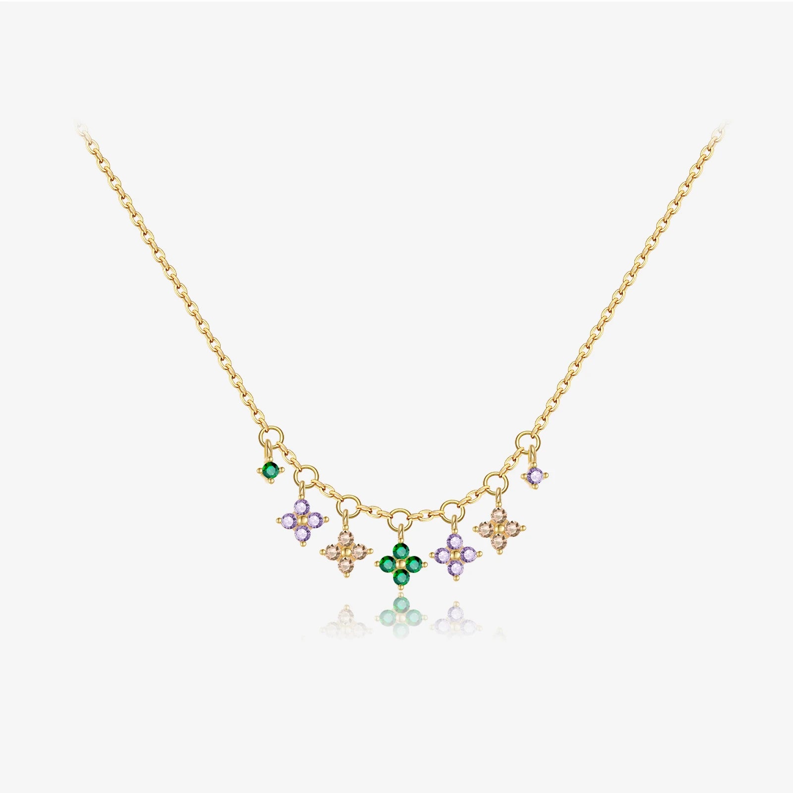FUAMAY Elegant S925 Silver Multi-Color Paved CZ Clover Dangle Charms Thin Chain Necklace 18KGold Plated Jewelry for Women