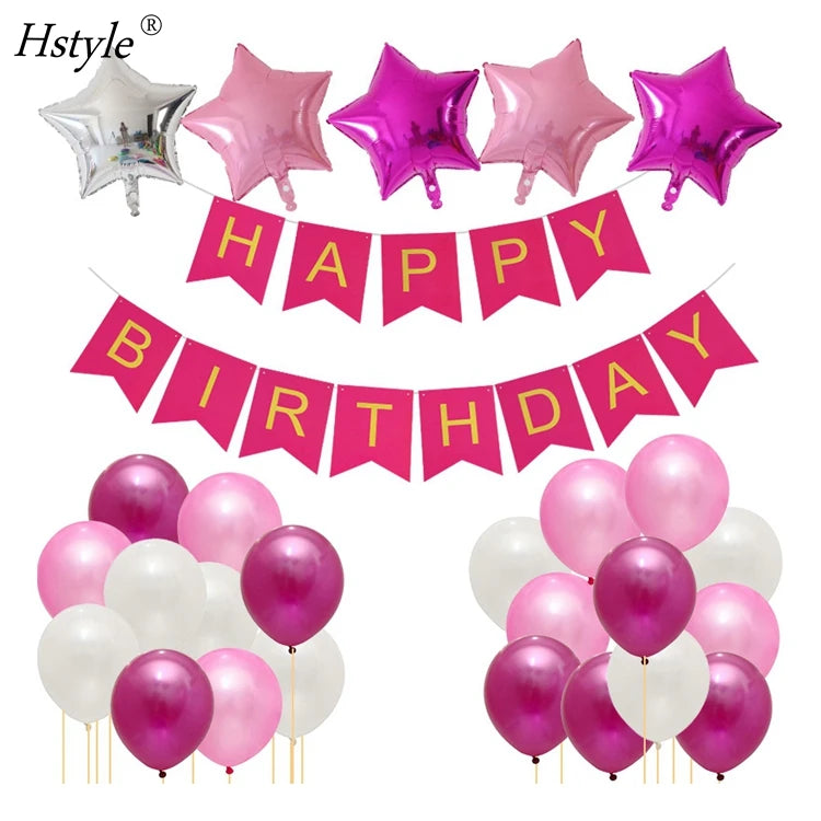 Pink Happy Birthday Decorations for Women Girls Kids Birthday Party Decor with Happy Birthday Banner Balloons ST008