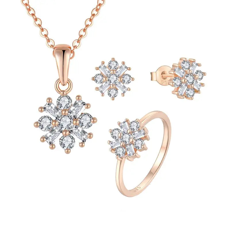 Women Rose Gold Plated S925 Sterling Silver Fashion Jewelry Set Snowflake Zircon Earrings Ring Pendant Necklace