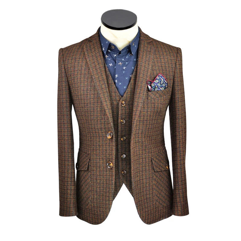 British Retro Brown Wool Tweed Men's Plaid Suit Formal Business Casual Single Breasted Plaid Men's Slim Suit Set of Three Piece