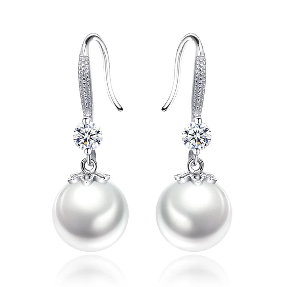 Fashion 925 Silver Plated Drop 12MM White Pearl Wedding Earring Jewelry for Women