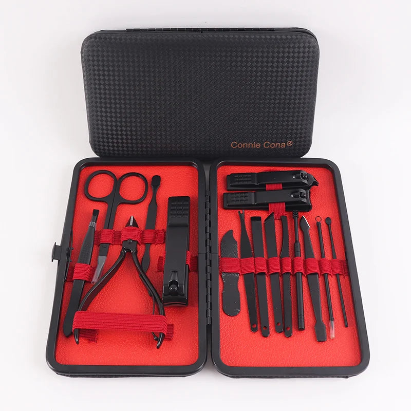 Low MOQ Personal Use Black Travel Leather Case Durable & Portable Stainless Steel Tools 16 in 1 Men Women Nail Care Grooming Kit