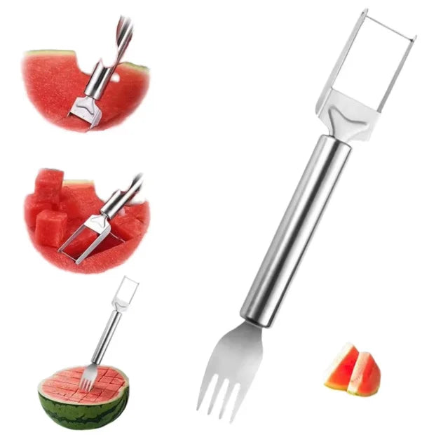 Hot Sale Summer 2 in 1 Stainless Steel Watermelon Slicer Cutter Fruit Knife with Fork Manual Reusable Easy to Clean