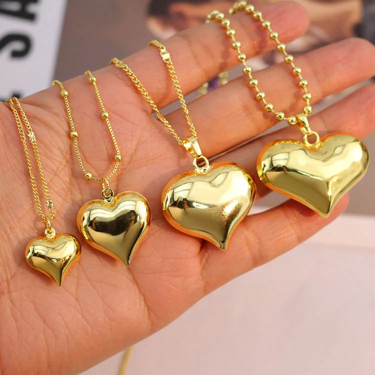 NM1301 Small Medium Mid Size Big 18k Gold Plated 3D Puffy Puffed Puff  Love Heart Pendant Chain Necklace