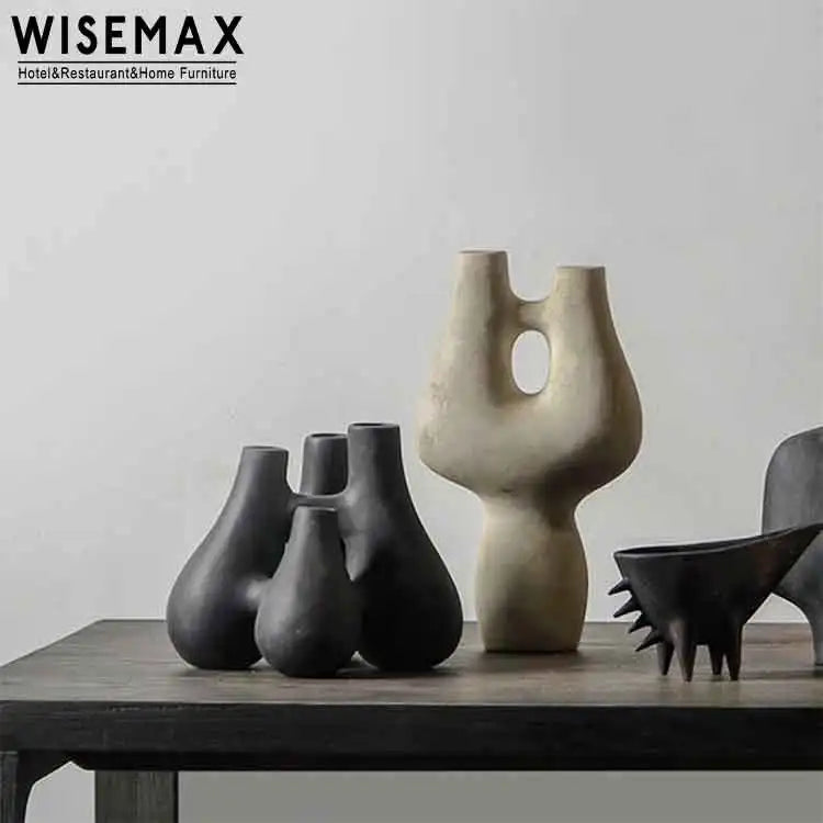 WISEMAX FURNITURE Modern Home Decor Irregular Shape Handmade Artist Vase Natural Color Ceramic Vase with Four Hole