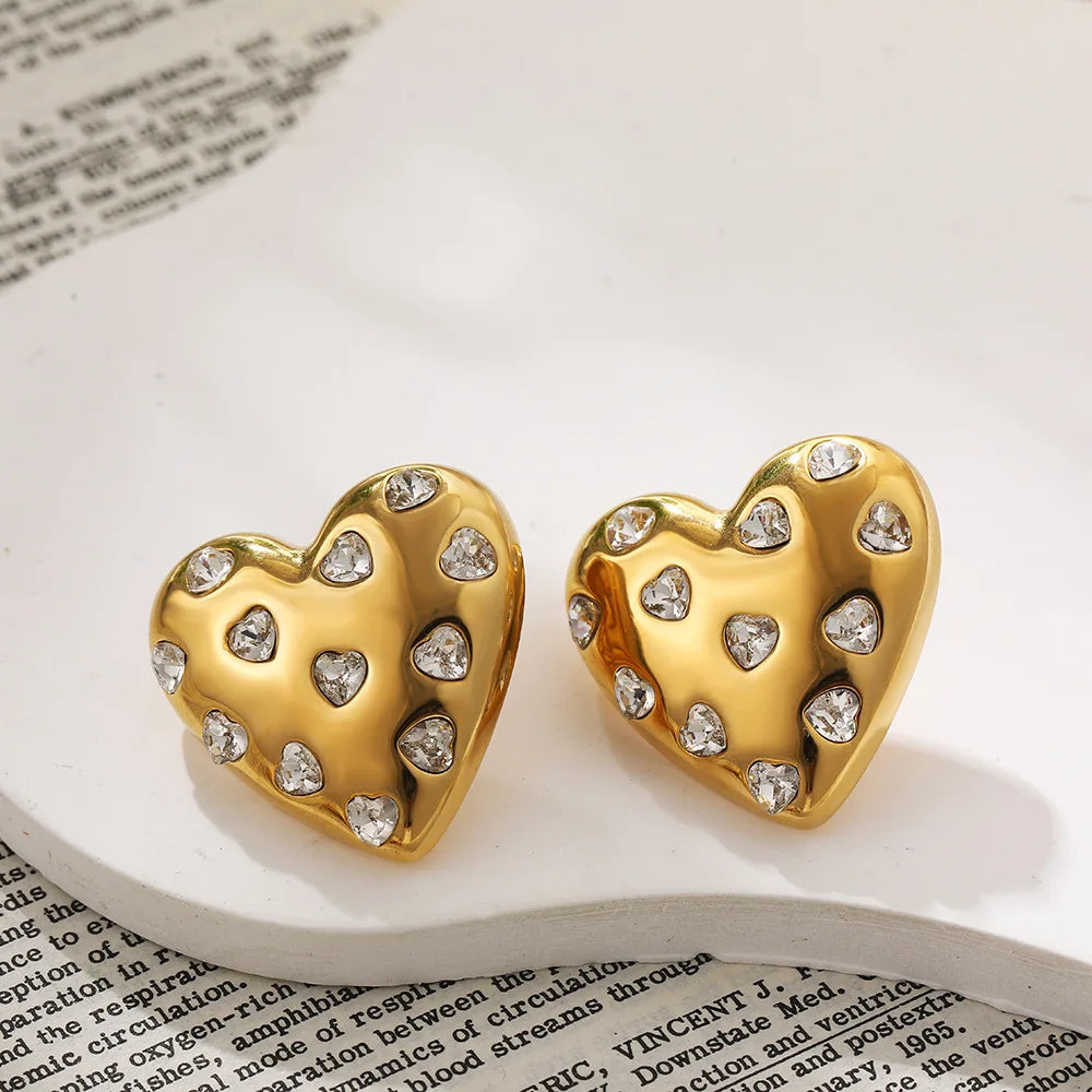 Stainless Steel 18K Gold Plated Heart Pendant Earrings Necklace Women Crystal Insert Elegant Heart Shaped Wedding Jewelry Sets