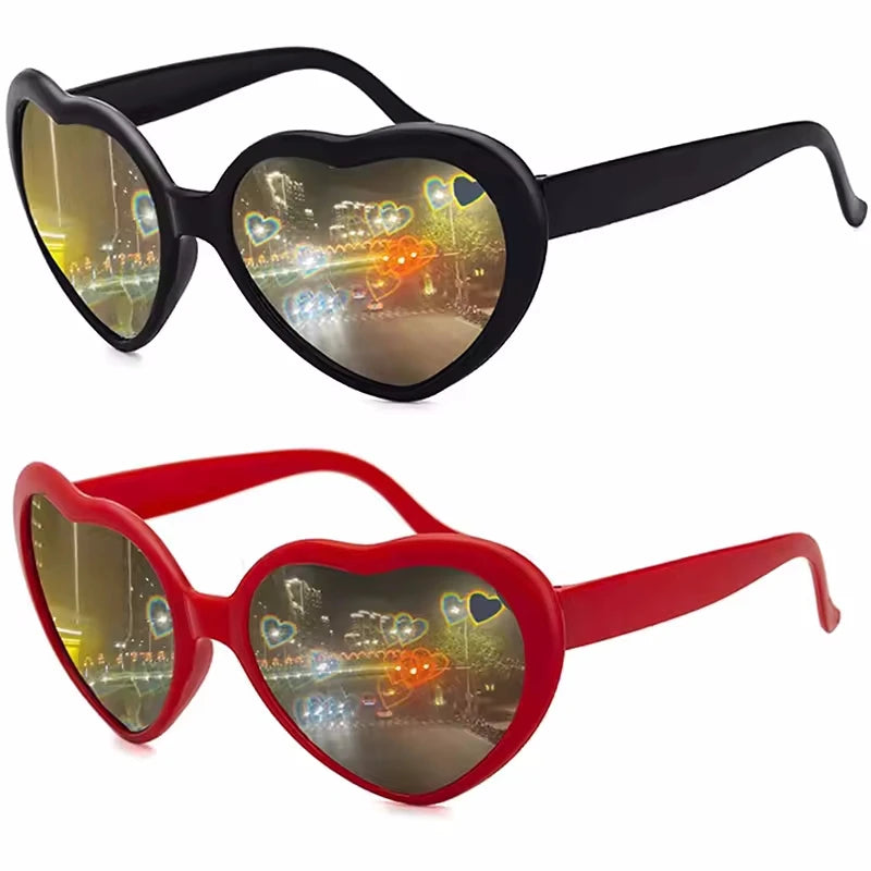 Women's Love Heart Shaped Sunglasses with Color-Changing Lights Fashion Night Diffraction Glasses for Graduation Occasions