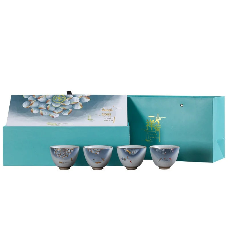 Ceramic Kung Fu Tea Cup Single Master Cup Teacup Ru-porcelain Gracked Glaze 4 Cup Set with Hand Gift logo Custom