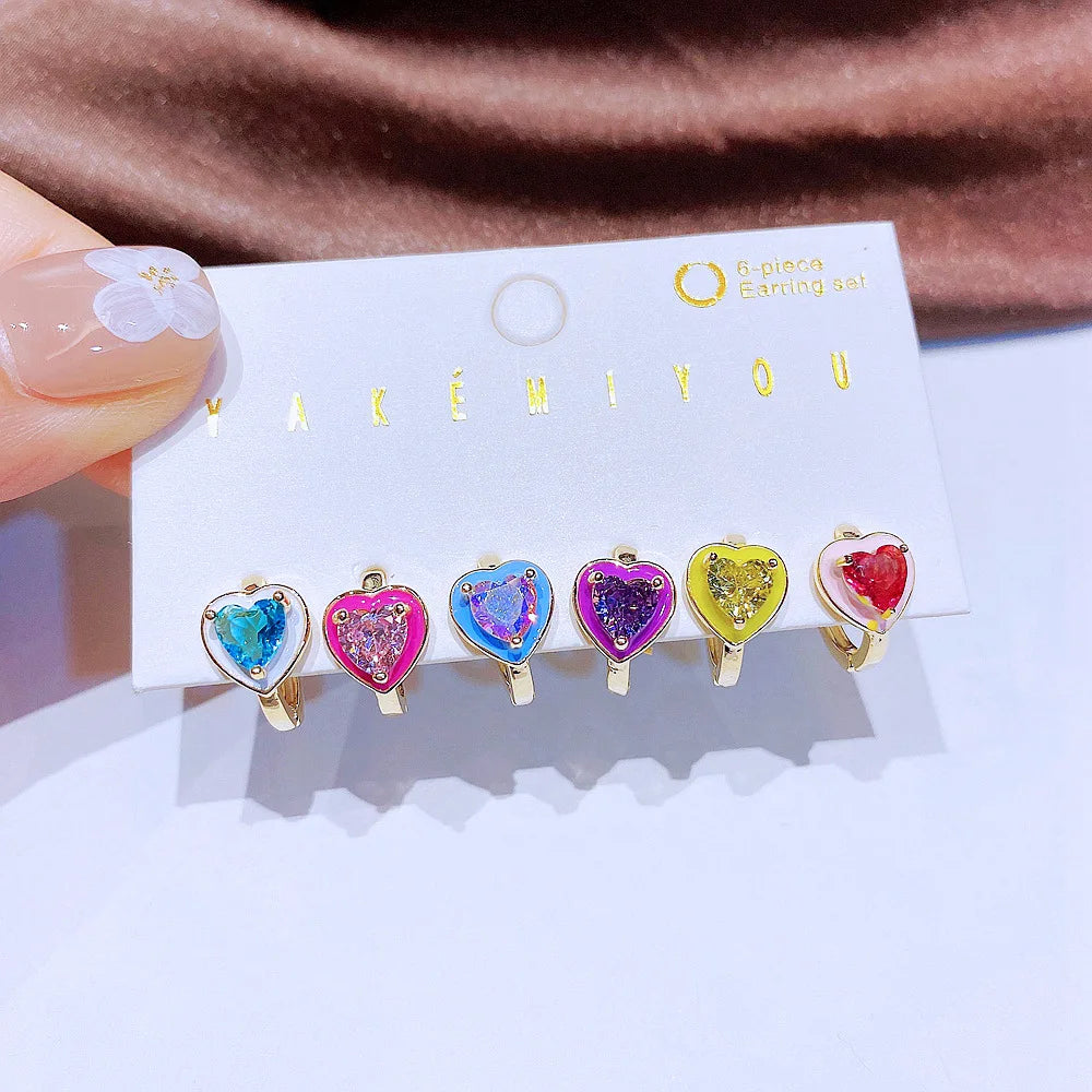 High Quality Fashion Cute Colorful Handmade Heart Shaped 6 Pieces Cubic Zircon Stud Earring Set for Women