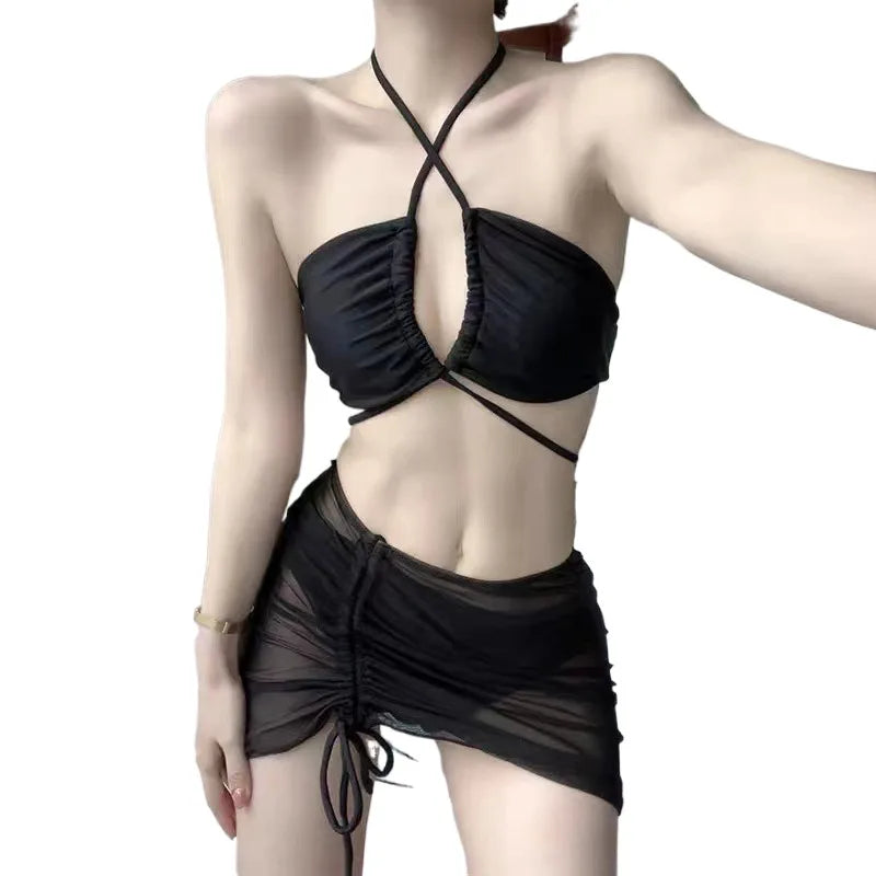 Women's Sexy Halter Neck Bikini Set with Mesh Skirt Cover up Criss Cross Ruched 2 Piece Lightweight Drawstring Ruched Swimwear