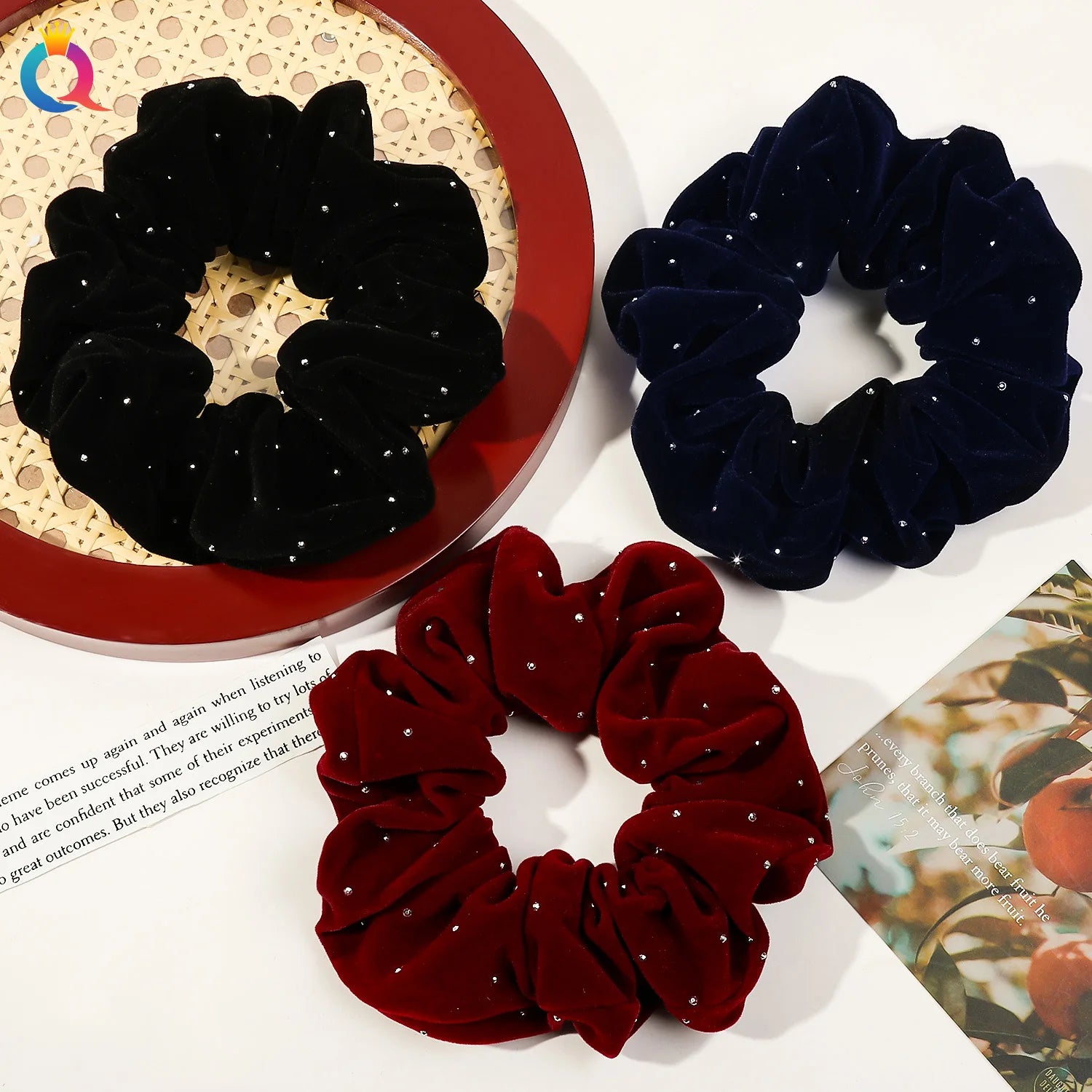 Velour Scrunchies with Small Clear Rhinestone Girl Hair Tie Scrunchy Ponytail Holder