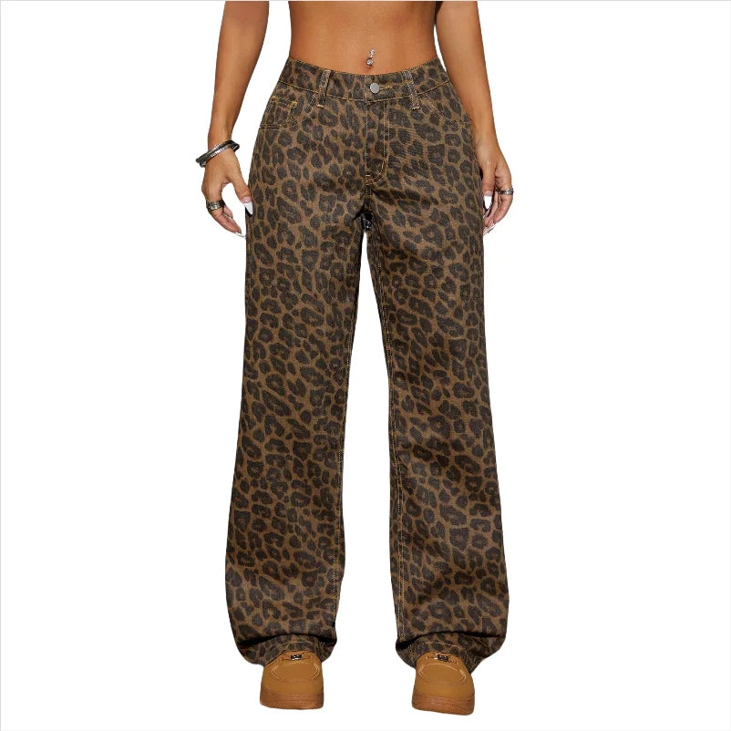 Women's  Baggy Jeans Leopard Printed Straight Fit Mid Rise Breathable Casual Pants Woven Denim Pour Femmes