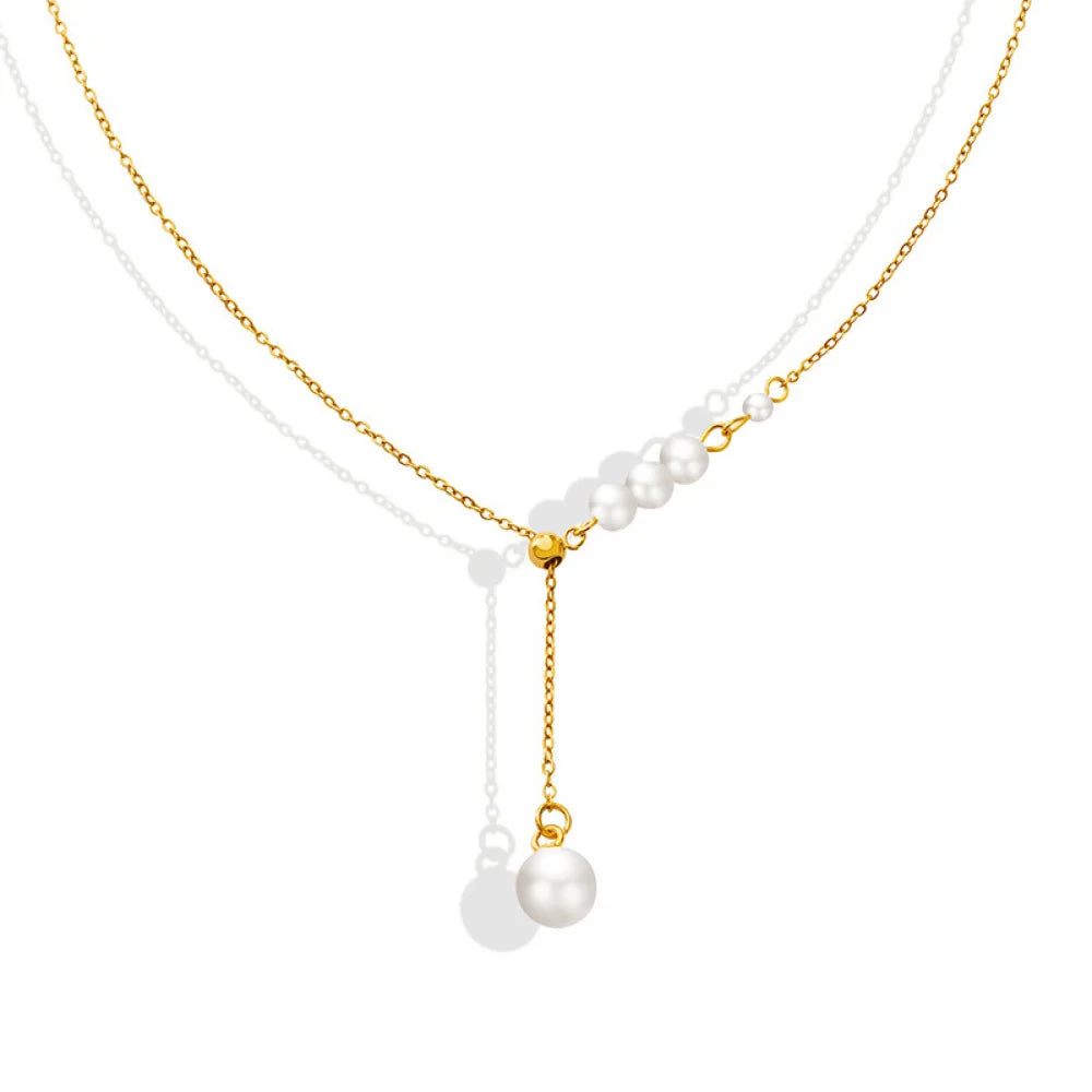 New Trendy Women Jewelry Gold Plated Stainless Steel Long Dangle Single Imitation Pearl Pendant Necklace