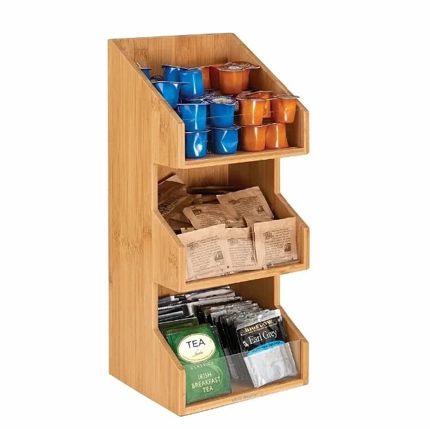 3-Tier Standing Type Bamboo Wood Kitchen Storage Rack Non-Folding Multifunction Organizer for Condiment & Coffee Pod Storage