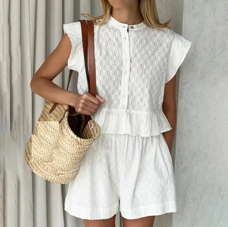 Enyami Summer New Casual Chic Fashion Vacation Jacquard Co Ord Suit Sleeveless Shirt Shorts Women 2 Piece Sets