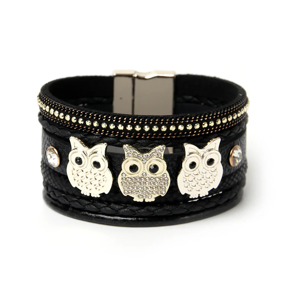 Fashion Vintage Multilayer Braided Pu Leather Rope Owl Charm Layered Boho Bangle Bracelet Jewelry Women Magnetic Snaps Set
