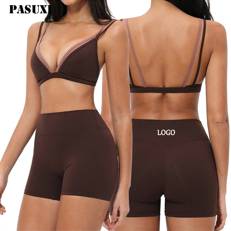 PASUXI Summer Sports Fitness Bra Shorts Set Yoga Suit Women Seamless Set Nylon Spandex Womens Yoga Track Suit