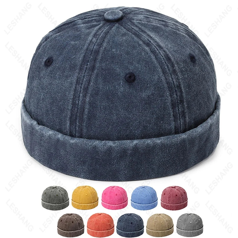 Solid Color Adjustable Literary Denim Washed Distressed Men Docker Caps Snapback Skullcap Sports Brimless Hats With Custom logo
