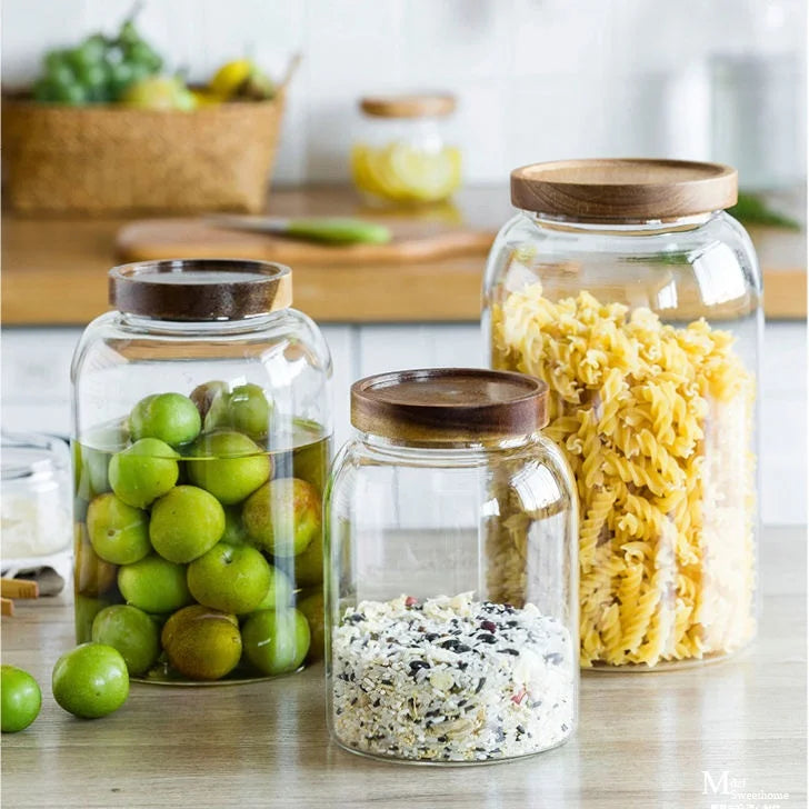 Kitchen Organization Rice Cereal Cookie Storage Container Glass Jar with Acacia Wood Lid