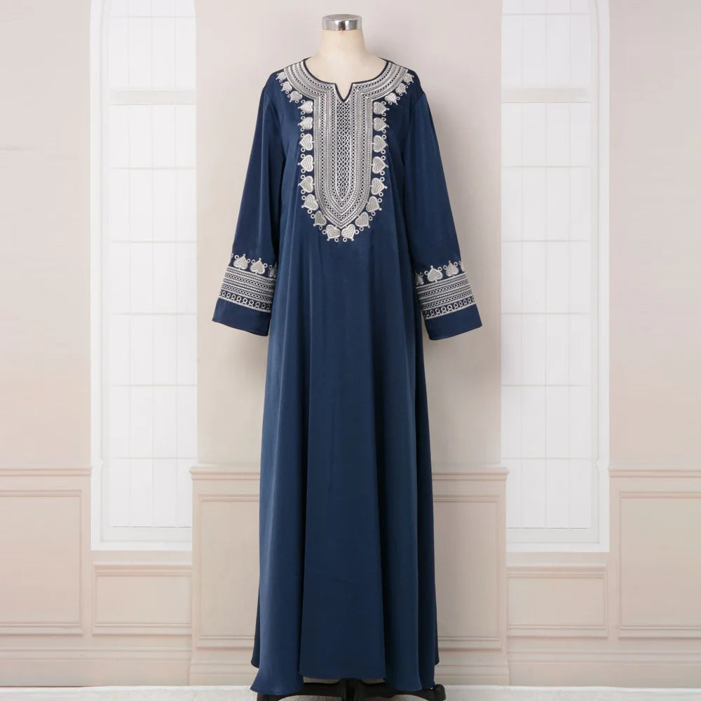 Top Selling for Beautiful Exquisite Simple Navy Blue Pink One Piece Abaya Muslim Dress Spandex Elastic Pleated Long Sleeve