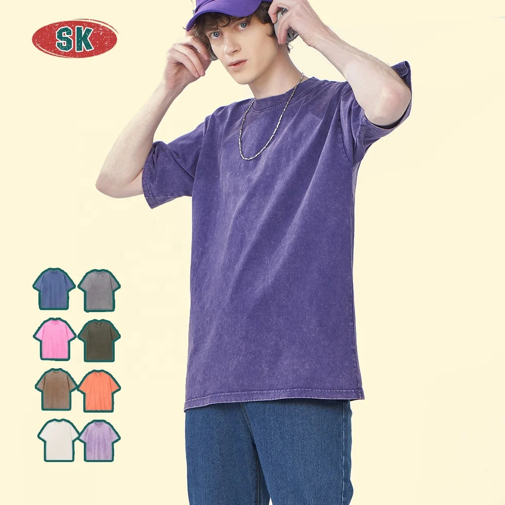 Custom Screen Print Blank 100% Cotton Men's T-shirts With Acid Washed T-shirt