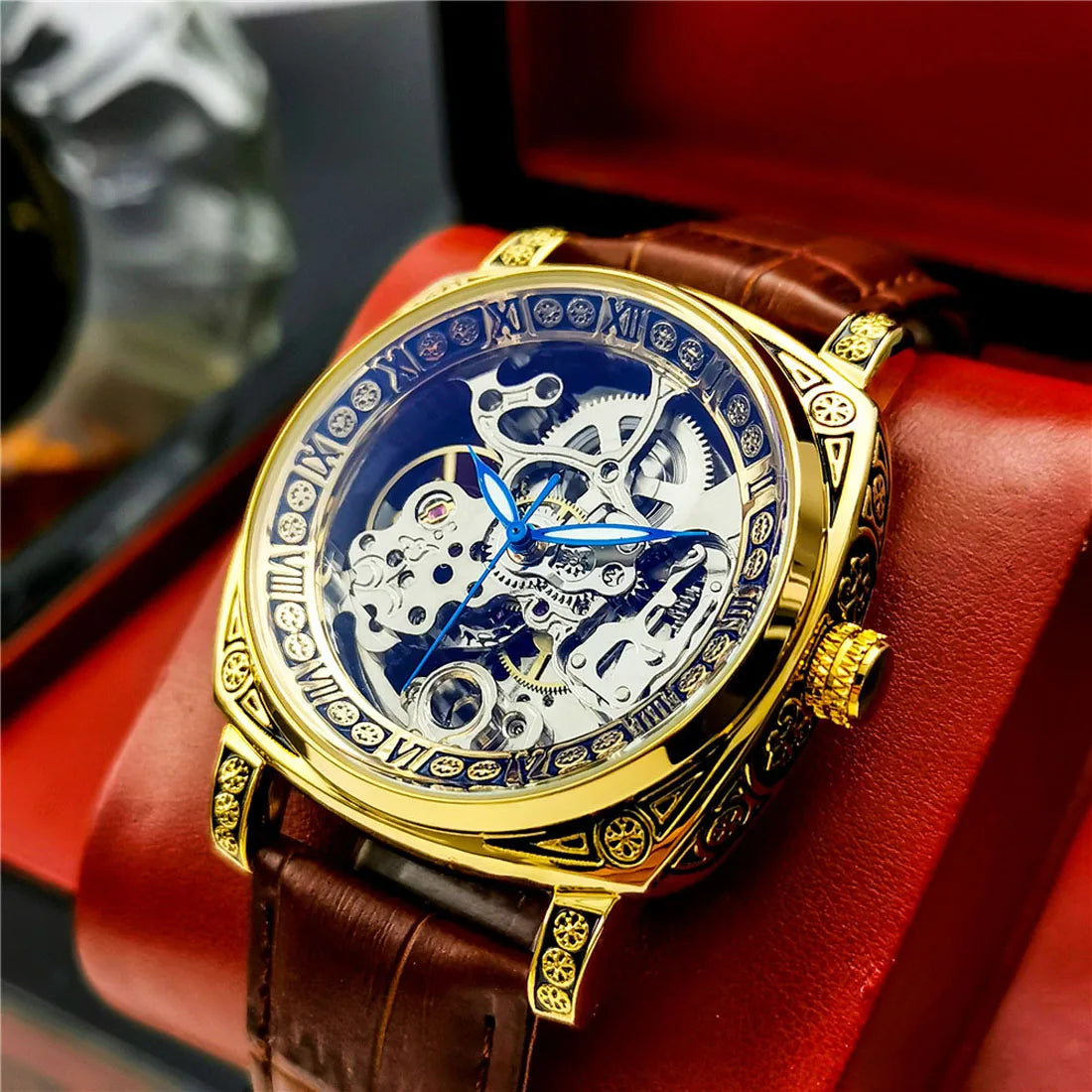 Transparent Gold Wristwatch Men Automatic Mechanical Luminous Waterproof Sport Watch Casual Genuine Leather Clock Reloj Hombre