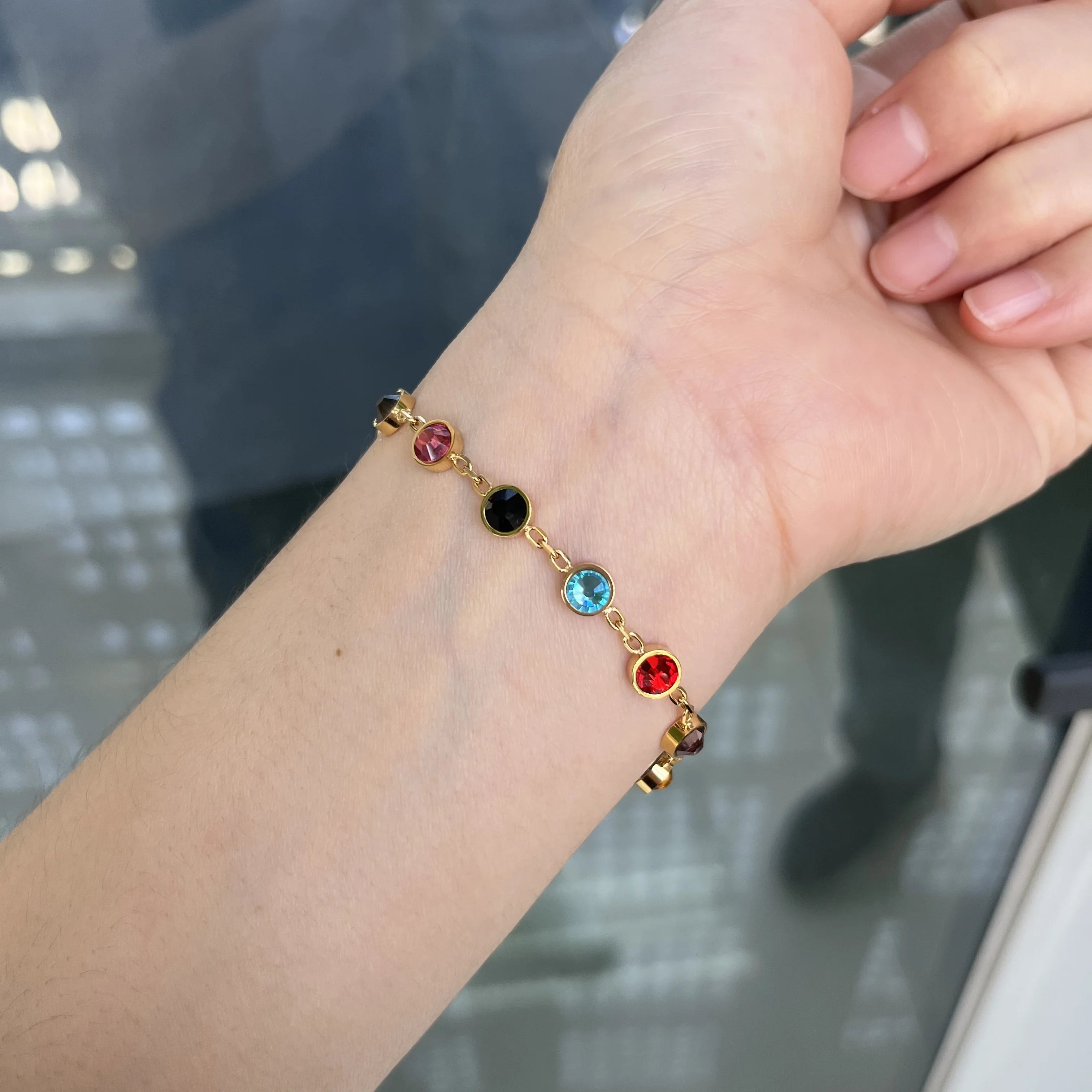 Luxury Waterproof PVD 18K Gold Plated Stainless Steel Colorful Birthstone Cubic Zircon Fashion Women Bracelets