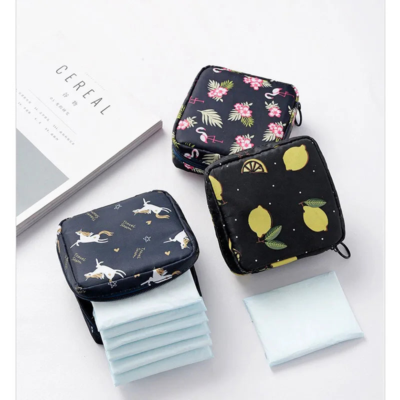 Customized Multi Functional Cute Cartoon Polyester Large-capacity Menstrual Pads Period Sanitary Napkin Storage Bags Organizer