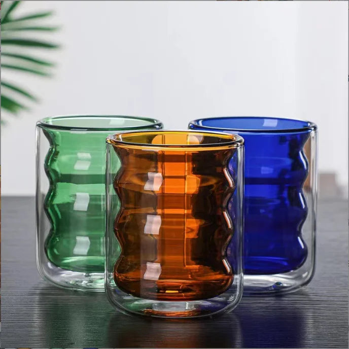 Hot Sale Wave Shape Coffee Mug Hot Product Coffee Glass Cup Double Wall Insulated Various Colour Glass Tea Cup