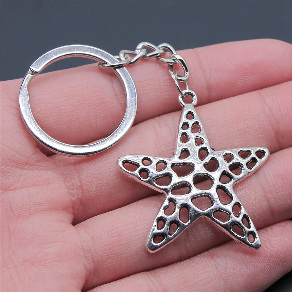 WYSIWYG 40x37mm Zinc Alloy Antique Silver Plated Starfish Key Chain Souvenirs Gift for Women P1-ABD-C10981