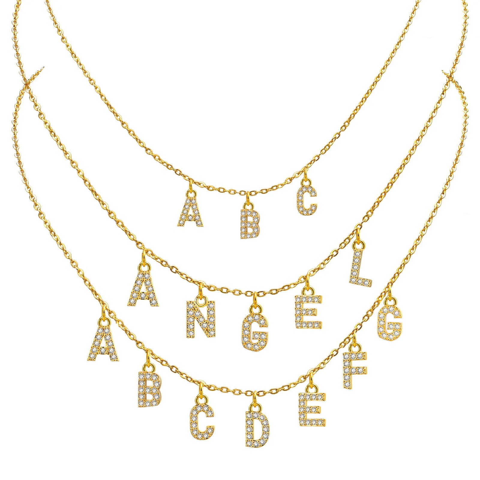 Stainless Steel Chain Diamond Zircon 26 Initial Tiny Letter Pendant Necklace