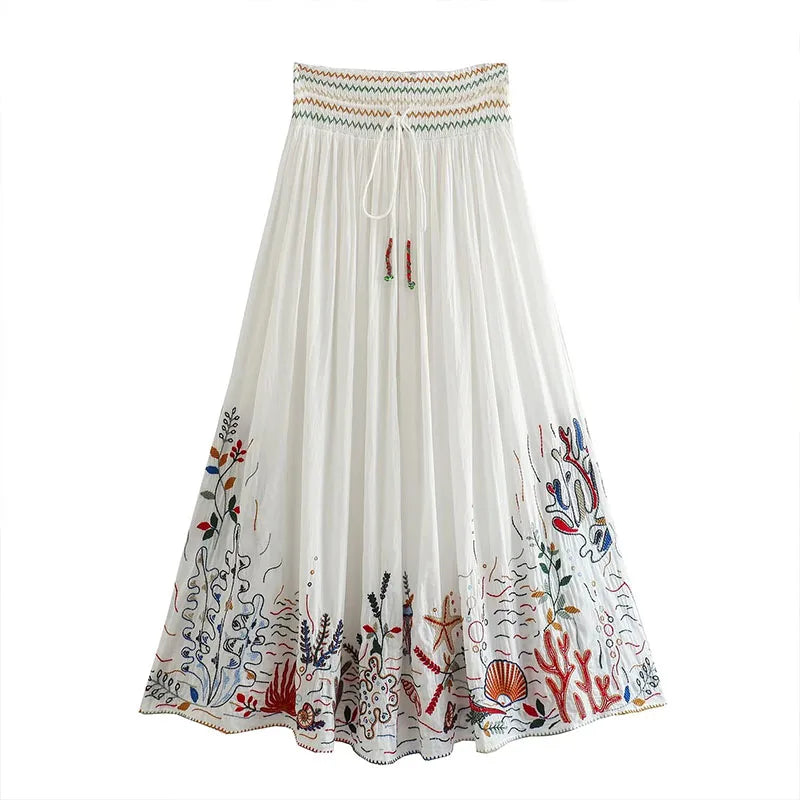 ZATRHMBM2024 Ladies' Elegant Summer Long Skirt New Casual Fashion Mid Waist Embroidered Cotton With Elastic Tie