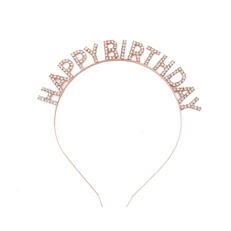 MIO Happy Birthday Headband Luxury Metal Alloy with Shining Rhinestones Headbands Birthday Party Hair Decoration