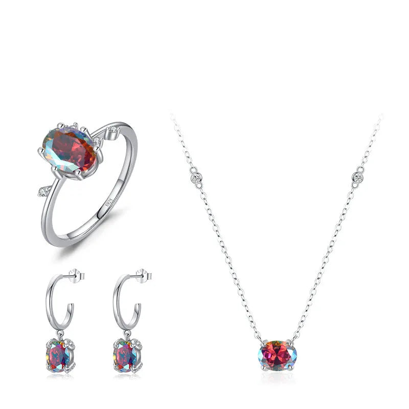 Light Luxury Fine Jewelry Colorful Gemstone Set 925 Silver Cubic Zirconia CZ Ring Earrings Necklace Jewelry Sets