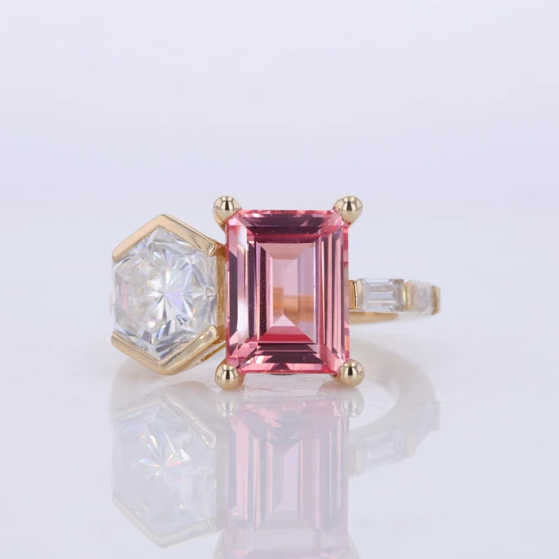 Emerald Cut 7.5x10 Sukura Pink Lab Sapphire with Hexagon Shape 7.5x7.5mm Two Stone Ring