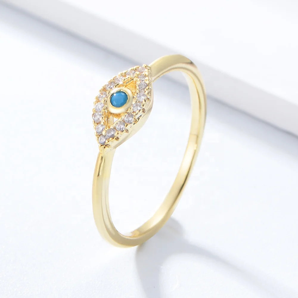 FuLsun Hot Sell Fashion Jewelry 925 Sterling Silver 14K Gold Plated Cubic Zirconia Blue Eye Ring Women