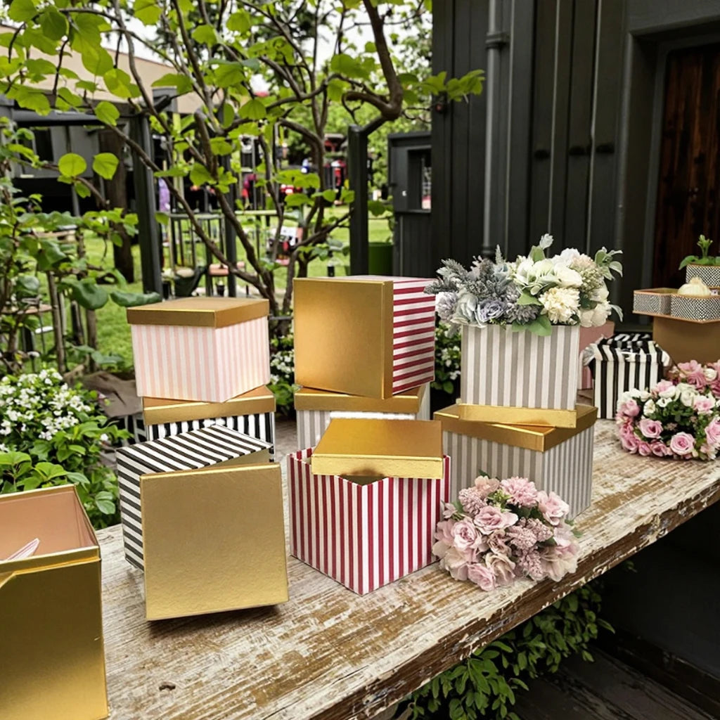 Popular Gold Square Gift Packaging Box with Striped Pattern 3 Piece Set-Rose Flower Box Glossy Lamination for Valentine's Day