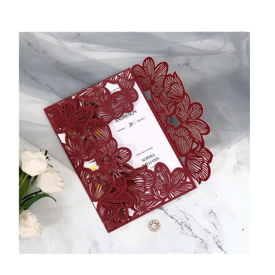 Wholesale Paper Craft Burgundy Laser Cutting Wedding Invitation Mariage Envelope for Quinceanera Bridal Shower