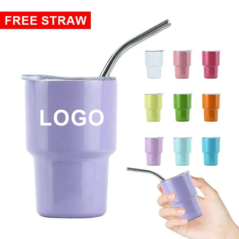 Leakproof 2oz 3oz Cute School Vacuum Mug Stainless Steel Water Kids Mini Tumbler Shot Glass Cups with Lids and Straws