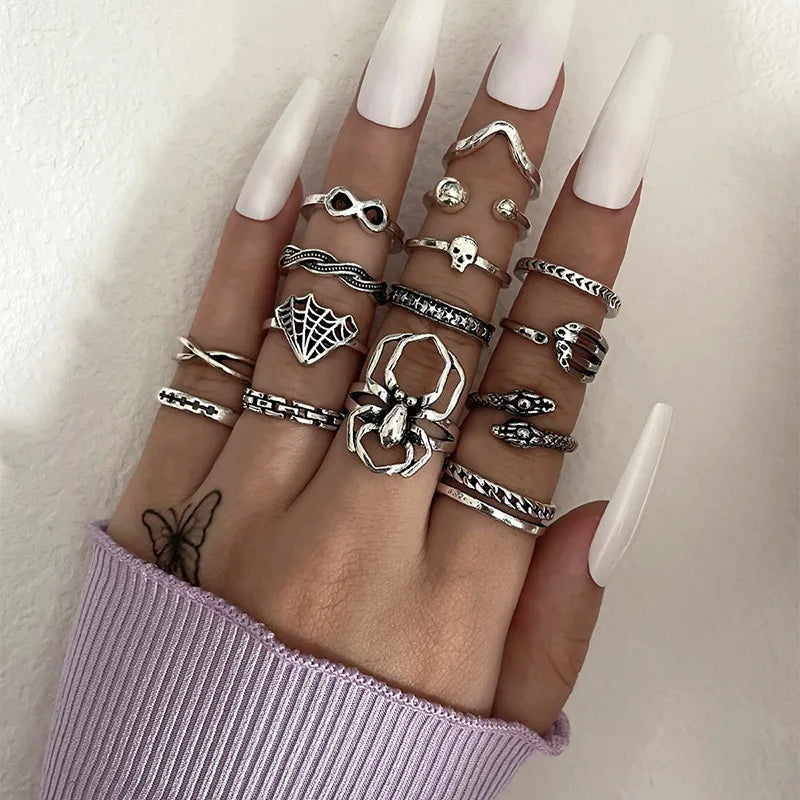 15pcs Set Spider Snake Palm Unlimited 8 Irregular Cross Star Knuckle Rings Set