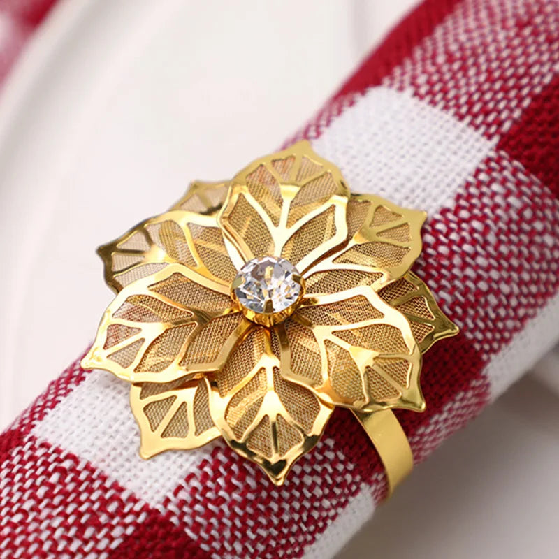 Serviette Buckles Decor Favor Alloy Gold Napkin Rings Holders with Hollow Out Flower for Wedding Party Holiday Banquet Christmas