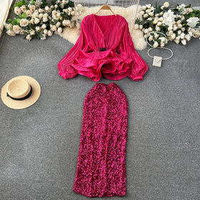 High Quality Casual 2 Piece Set for Women Tunic Top and High Waist Pleated Ruffle Skirts Set Ropa Wholesale