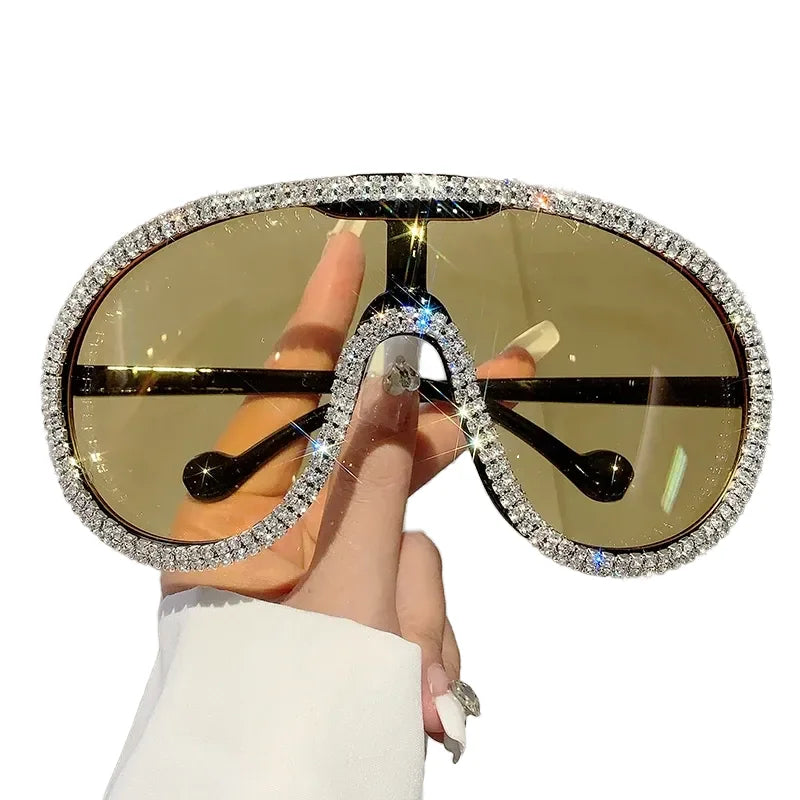 Hot Big Vintage Oversized Square Fashion Diamond Sunglasses Frame Yellow Rhinestone Champagne One-Piece  Lens Glasses With Uv400