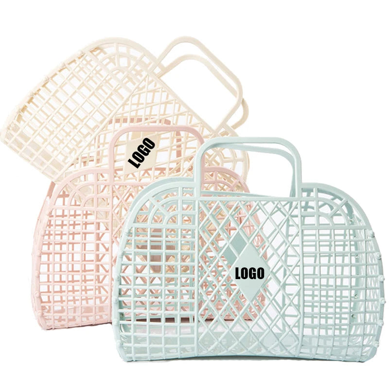 Personalized Retro Vintage Foldable Plastic Pvc Jelly Basket Tote Bag Beach Bag Handbag Purse for Girls Women Party Favor Bags