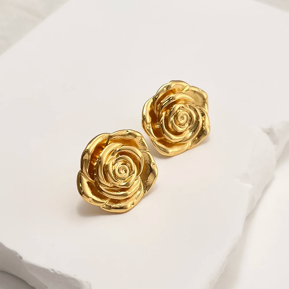 New Custom Durable Personality Rose Ear Studs Tarnish Free Gold Plated Stainless Steel Engraved Earrings for Women