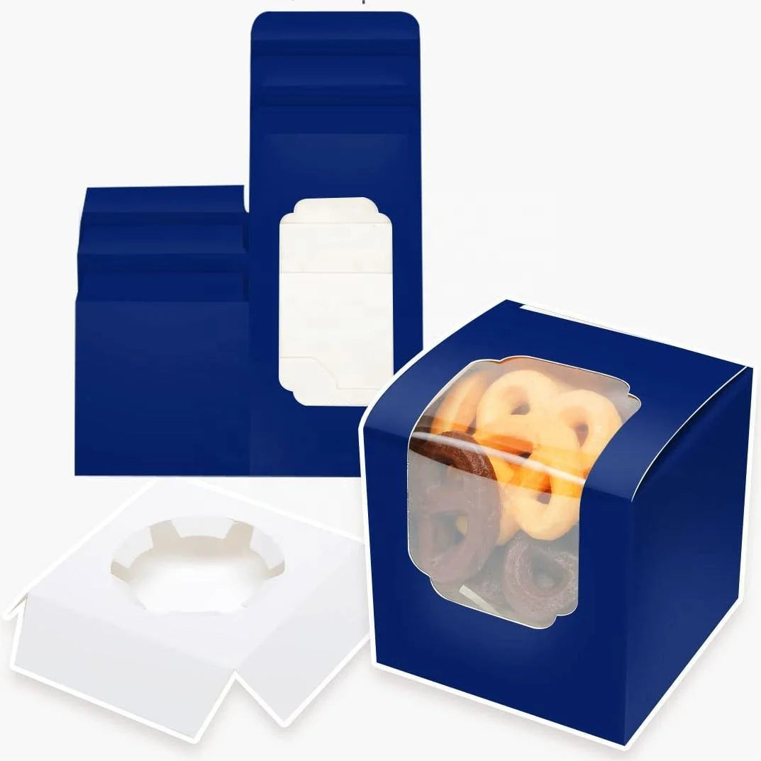 XJH Individual Dark Blue Mini Cake Box Window 1-Piece Embossed Printing Paper Cup Cupcake Bouquet Sushi Jelly Baby Food Recycled